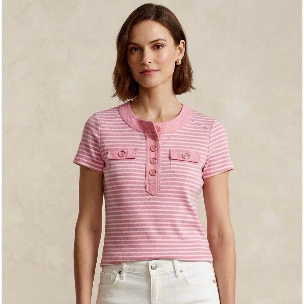Jones New York Henley Blouse Pink Stripes Pocket Shirt PS Barbiecore Academia
